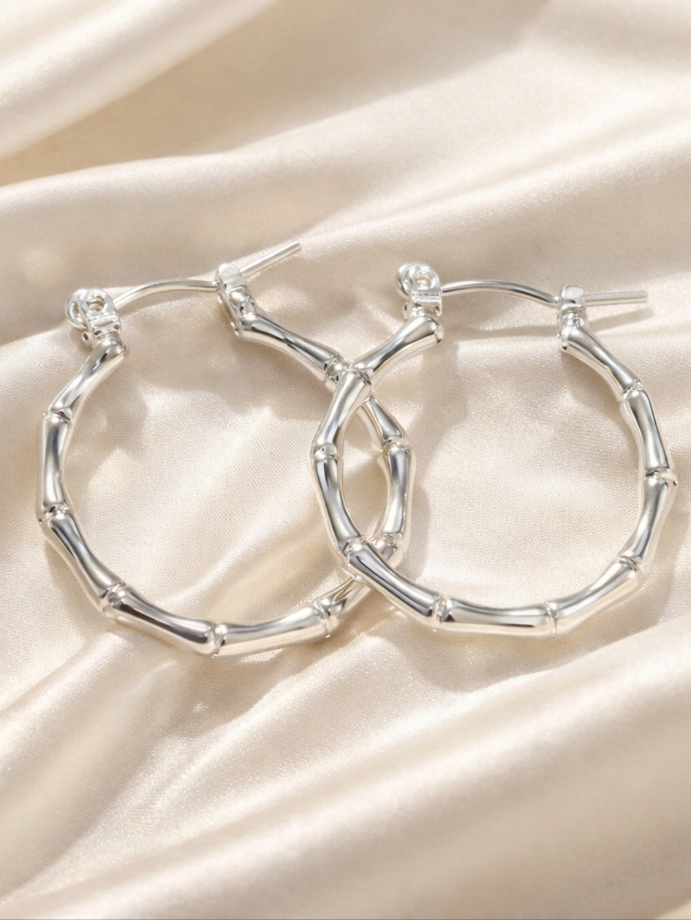 Silver Bamboo Textured Hoop Earrings – Trendy Women’s Statement Fashion Jewelry